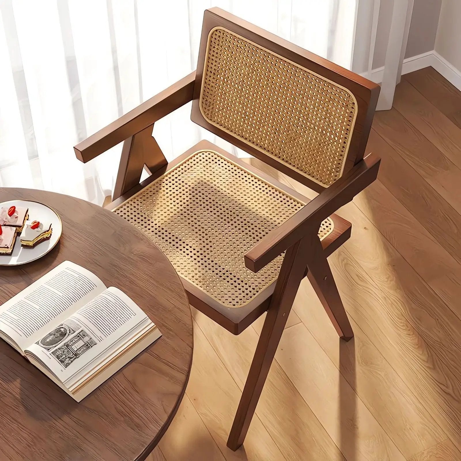 Modern Mid Century Dining Chairs set of 2 in walnut wood with caned backs and seats on Tampa Home & Garden Store
