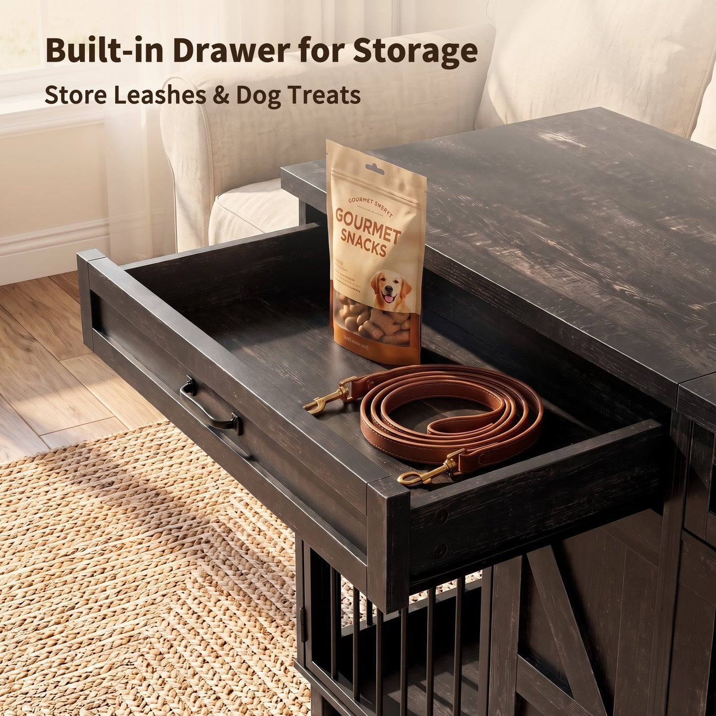 Dog crate furniture TV stand in dark espresso wood with leash and treat bag on top on Tampa Home & Garden Store
