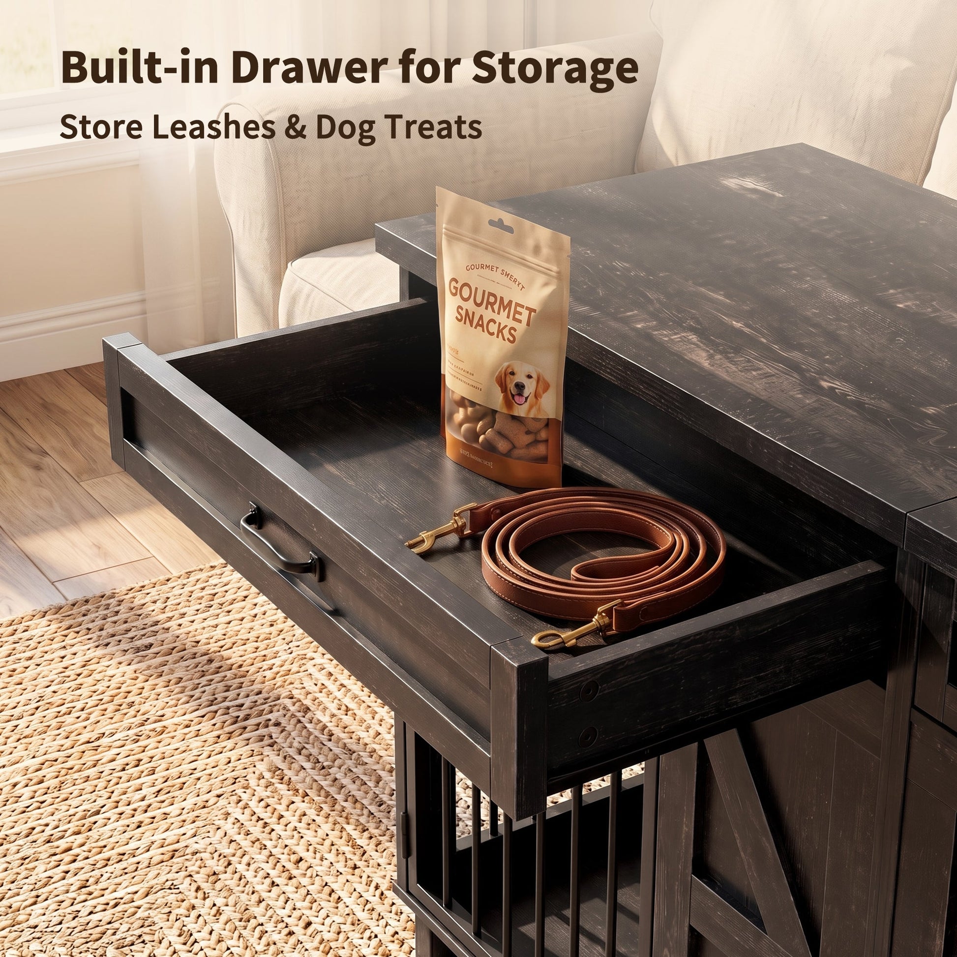 Dog crate furniture TV stand in dark espresso wood with leash and treat bag on top on Tampa Home & Garden Store