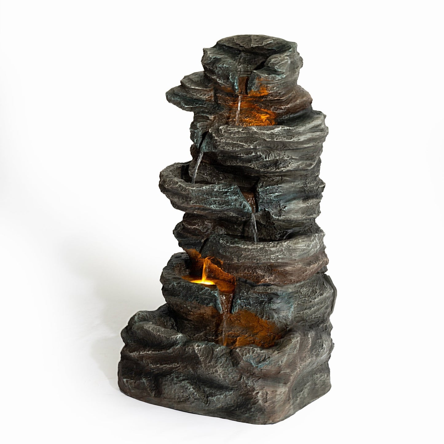 6-Tier Outdoor Cascading Stone Water Fountain with 3 LED Lights gray rock finish waterer on Tampa Home & Garden Store