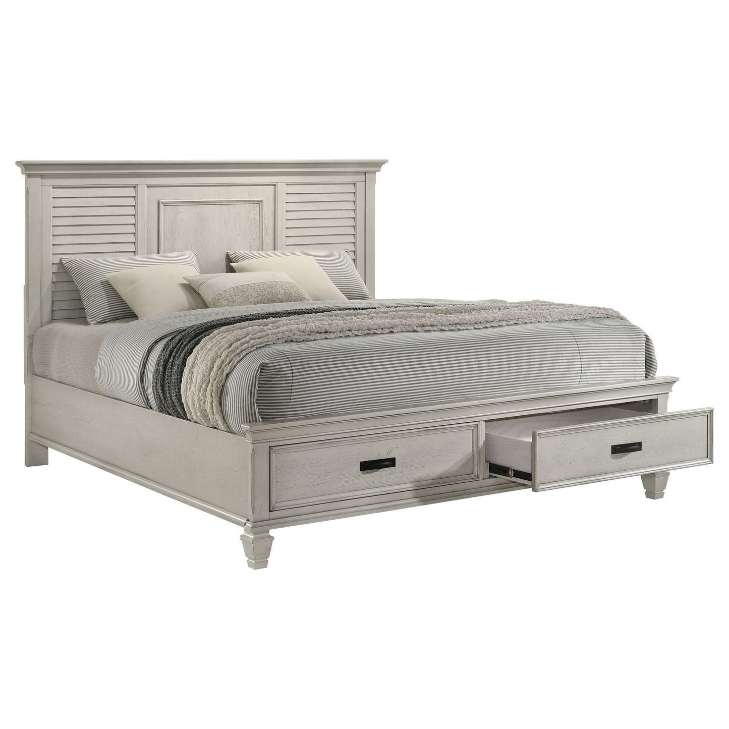 Capistrano 2 Drawer Bed by HouseOfZazla in weathered gray with built-in storage drawers and paneled headboard on Tampa Home & Garden Store