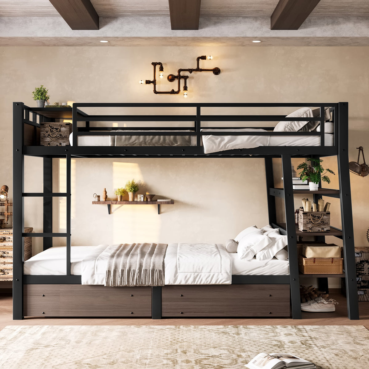 Twin size metal bunk bed in black with storage shelves, LED light strip, USB power strip on Tampa Home & Garden Store