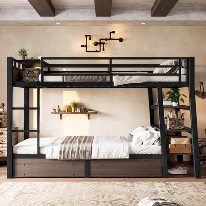Twin size metal bunk bed in black with storage shelves, LED light strip, USB power strip on Tampa Home & Garden Store