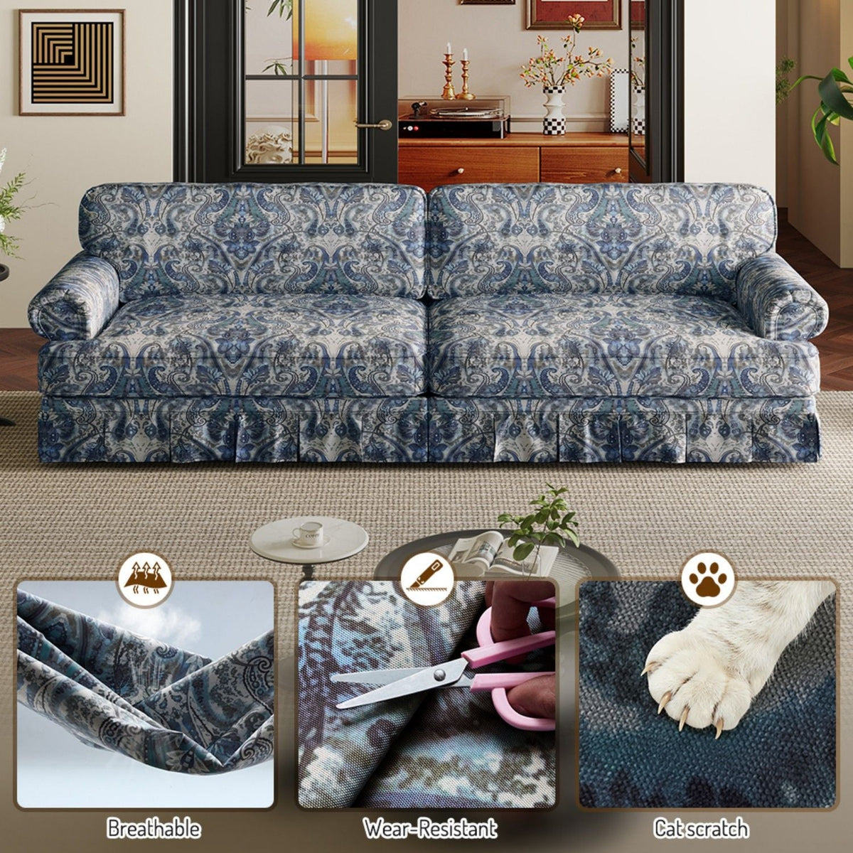 Comfortable Cloud Sofa with rolled arms and skirt in blue damask fabric on Tampa Home & Garden Store