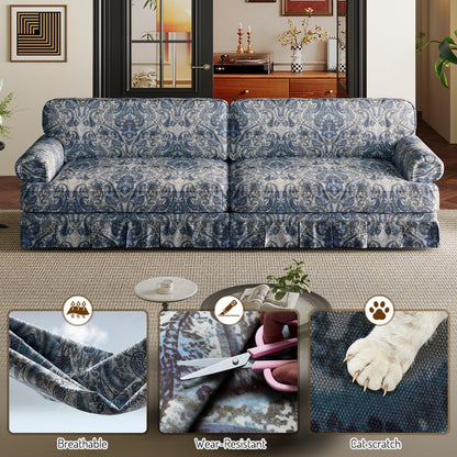 Comfortable Cloud Sofa with rolled arms and skirt in blue damask fabric on Tampa Home & Garden Store
