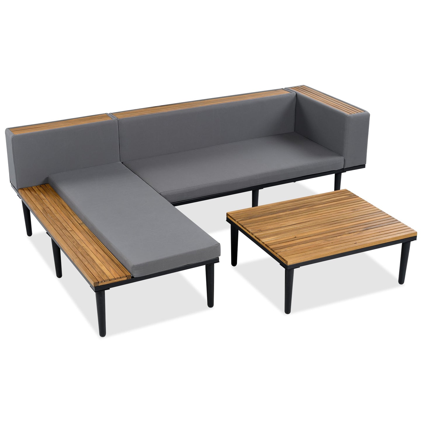 L Shaped Acacia Wood Outdoor Patio Sofa and Table