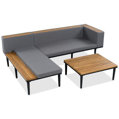 L Shaped Acacia Wood Outdoor Patio Sofa and Table