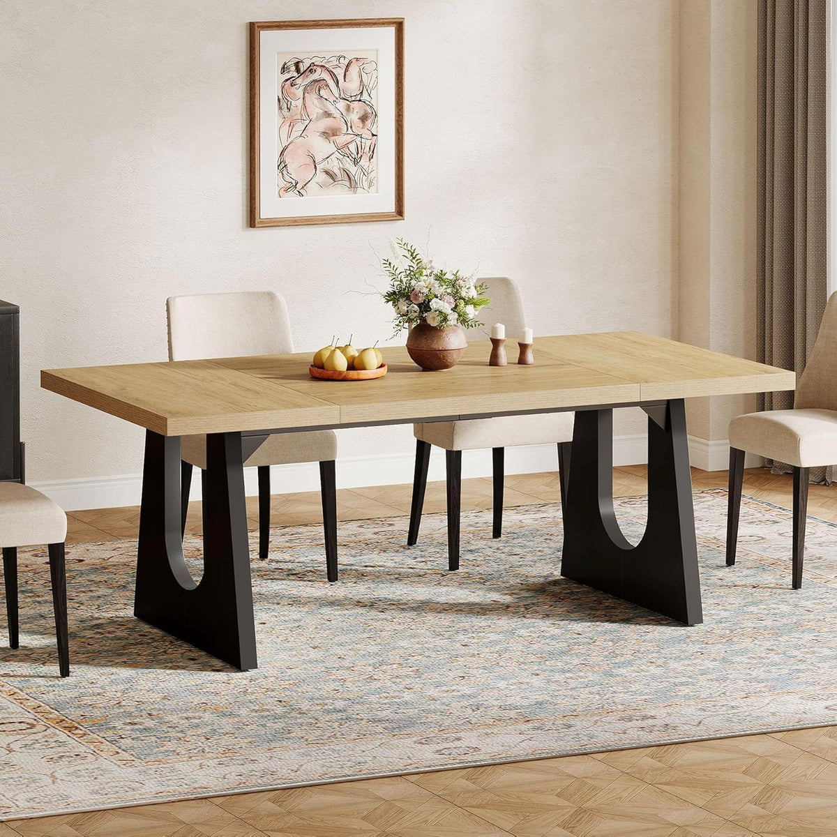 Dining Large Rectangular Table with light wood top and black legs beige chairs on Tampa Home & Garden Store