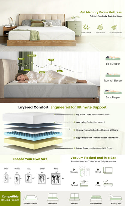 Queen Size Memory Foam Mattress by HouseOfZazla, 10 inch cooling memory foam layered support (2) on Tampa Home & Garden Store