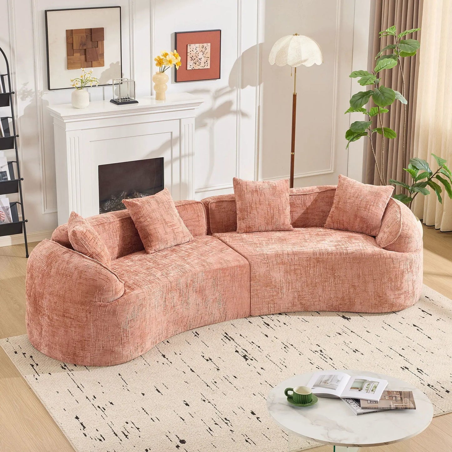 Curved pink textured stationary sofa by Unique Piece Furniture in a stylish room with plants on Tampa Home & Garden Store