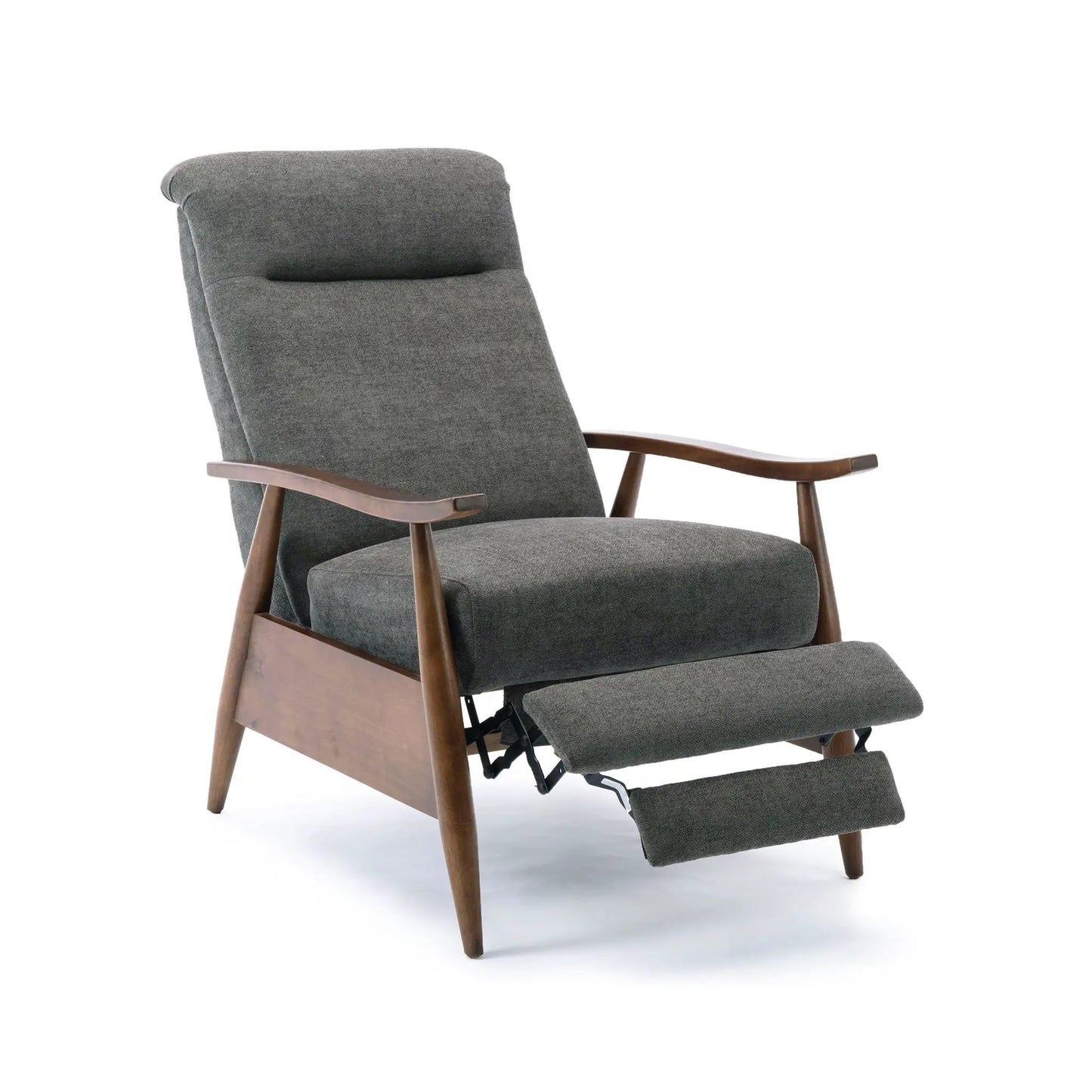 Sarasota Arm Push Back Recliner, gray fabric, wood armrests on Tampa Home & Garden Store