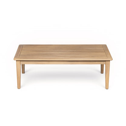 Outdoor acacia wood coffee table with slatted top and light teak frame on Tampa Home & Garden Store