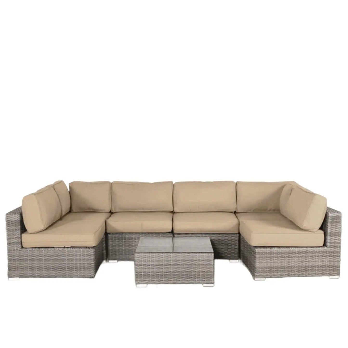 4-piece outdoor seating set with beige cushions in wicker and glass-top coffee table on Tampa Home & Garden Store