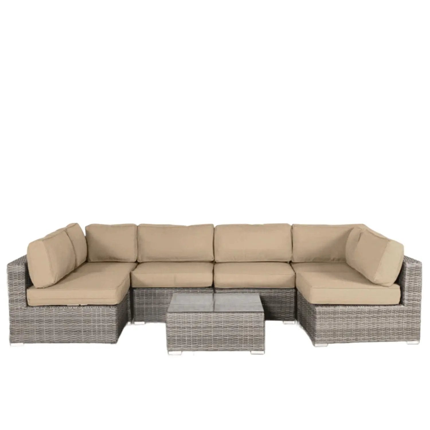 4-piece outdoor seating set with beige cushions in wicker and glass-top coffee table on Tampa Home & Garden Store