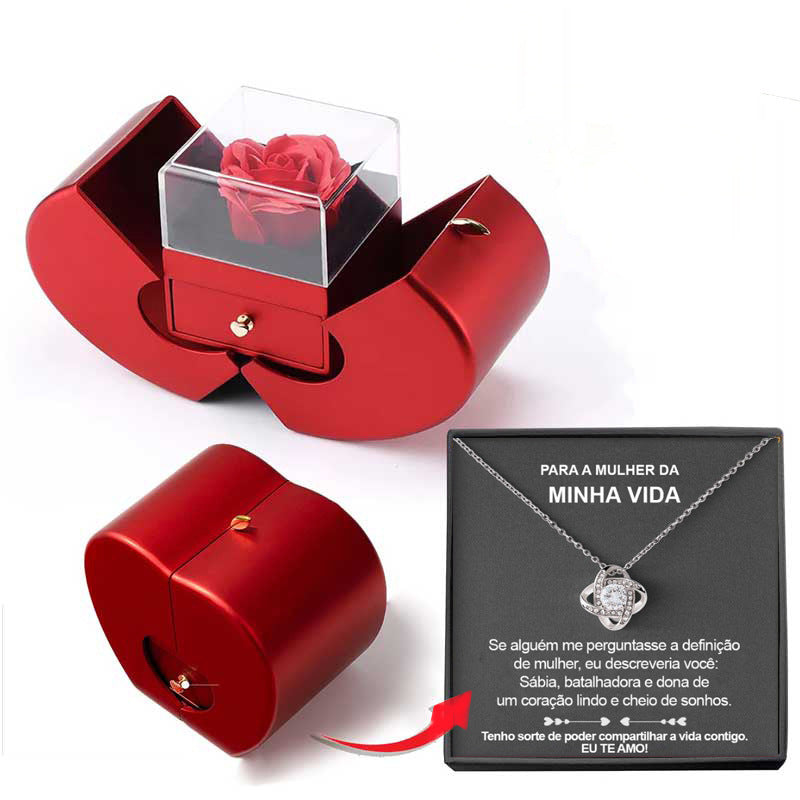 Red metallic apple jewelry box with clear lid and artificial rose necklace card by Sell My Stuff on Tampa Home & Garden Store