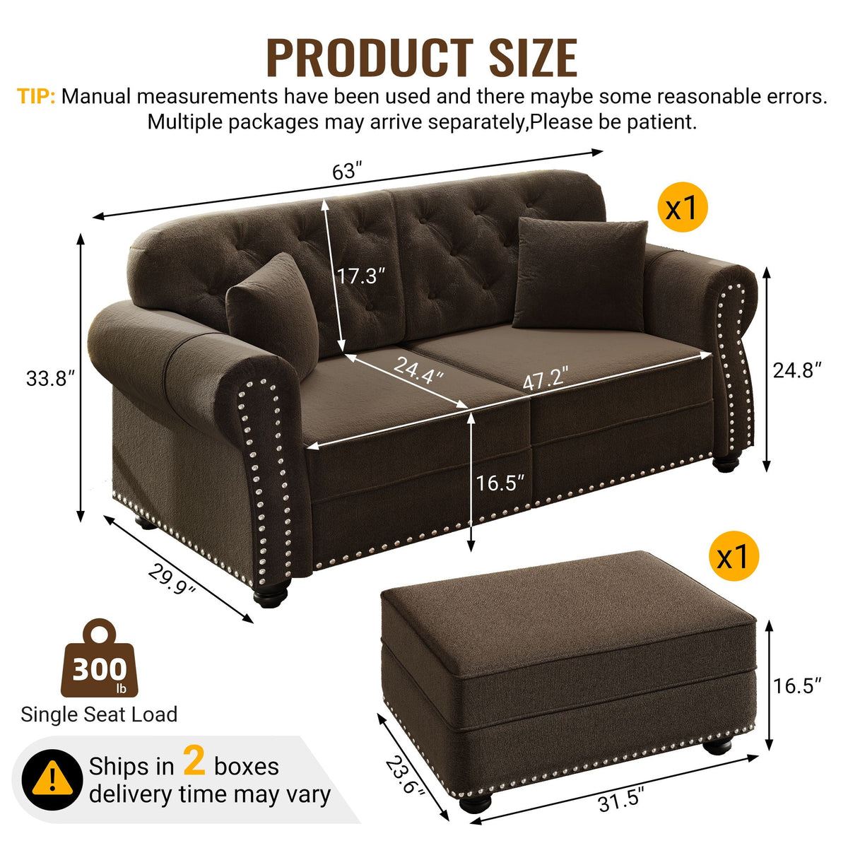 Upholstered Sofa Set with Nailhead and Pillows