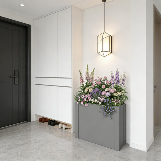 Balcony Herb Box elevated gray planter with pink and purple blooms beside white cabinets on Tampa Home & Garden Store