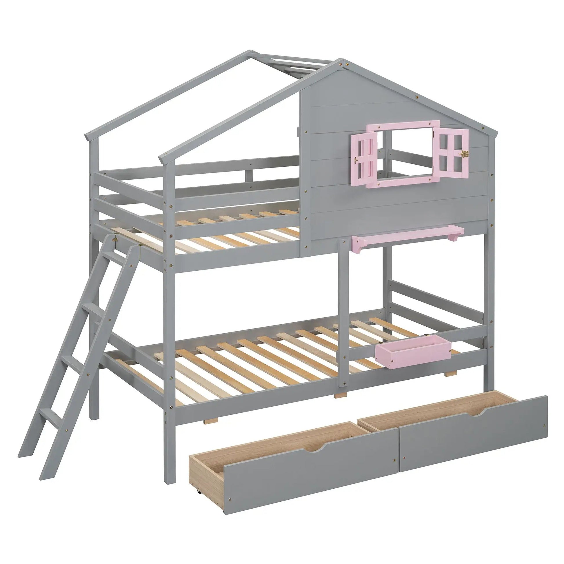 Bunk bed with playhouse roof and window gray frame pink shutters ladder under-bed drawers on Tampa Home & Garden Store