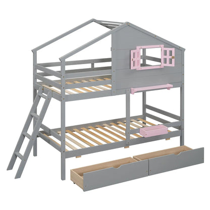Bunk bed with playhouse roof and window gray frame pink shutters ladder under-bed drawers on Tampa Home & Garden Store