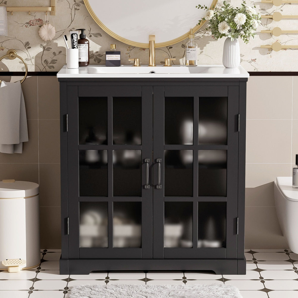Modern bathroom vanity with ceramic sink, black cabinetry and tempered blurred glass doors on Tampa Home & Garden Store