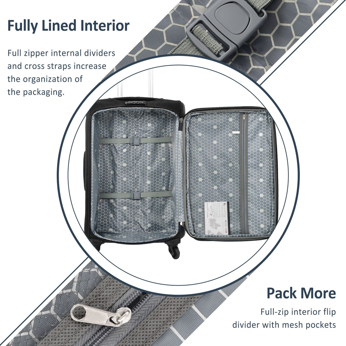 HouseOfZazla softside luggage 3-piece set; grey hex interior, cross straps, mesh pockets on Tampa Home & Garden Store