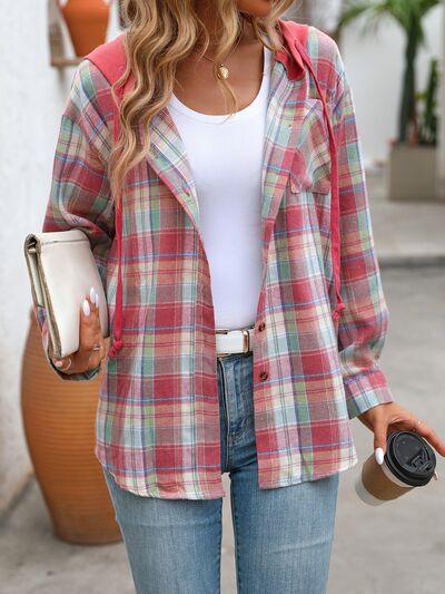 Stevvex plaid hooded jacket for women in pink-green-red plaid, cotton-blend outerwear on Tampa Home & Garden Store