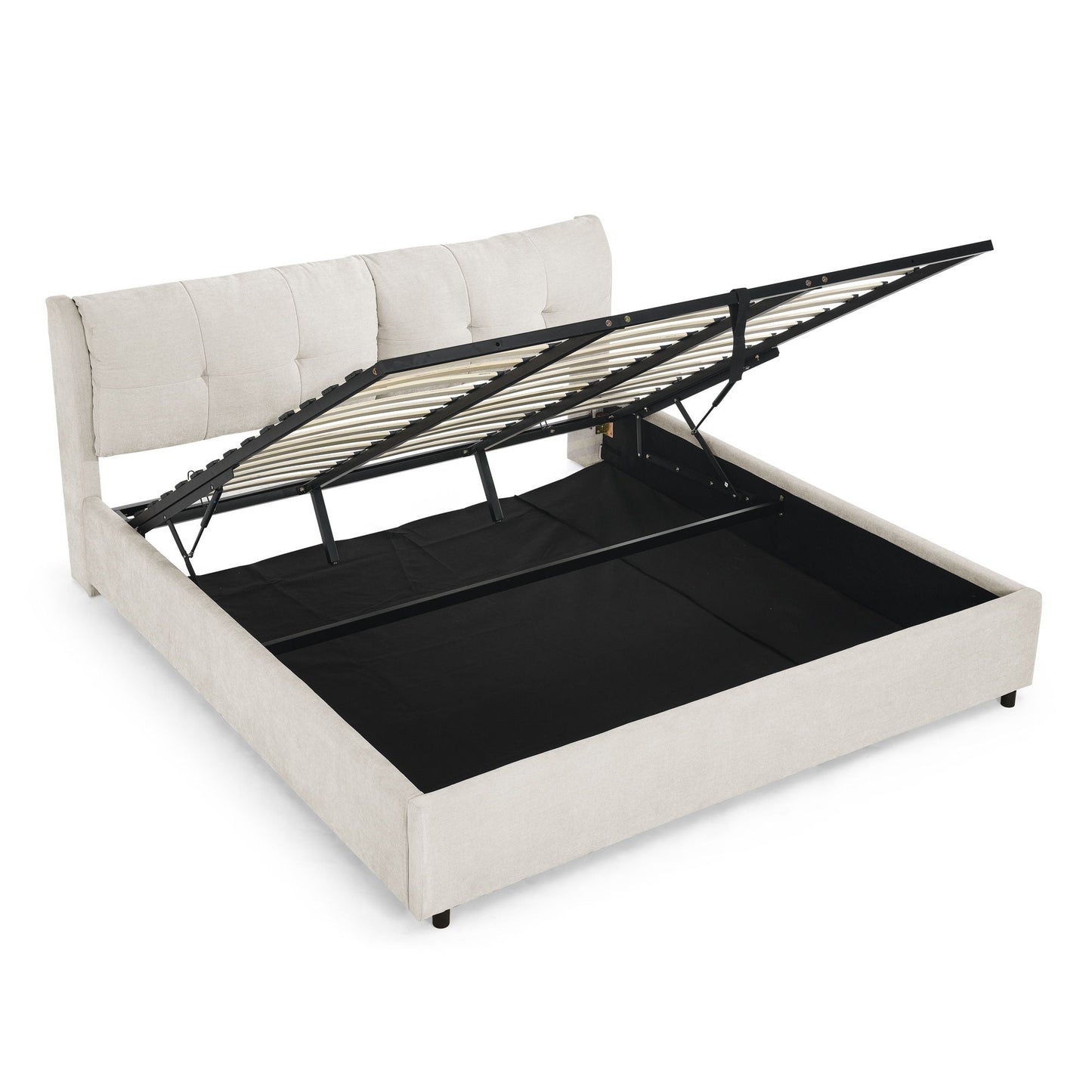 Storage bed: HouseOfZazla upholstered hydraulic platform bed with headboard in beige fabric on Tampa Home & Garden Store