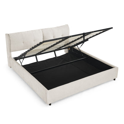 Storage bed: HouseOfZazla upholstered hydraulic platform bed with headboard in beige fabric on Tampa Home & Garden Store