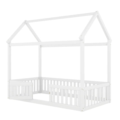 Wood House Bed with Fence and Door Sky Roof