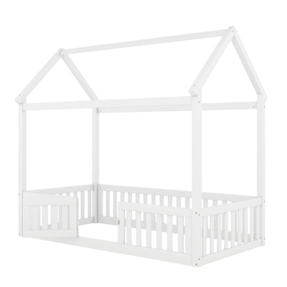 Wood House Bed With Fence And Door, white painted platform bed by HouseOfZazla on Tampa Home & Garden Store