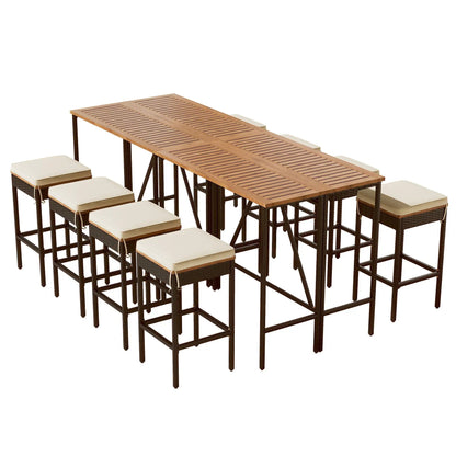Outdoor acacia wood bar-height dining table with eight beige cushioned stools on Tampa Home & Garden Store