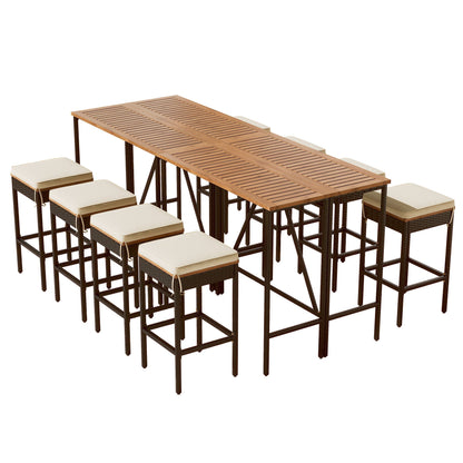 Outdoor acacia wood bar-height table with eight cushioned stools by HouseOfZazla on Tampa Home & Garden Store