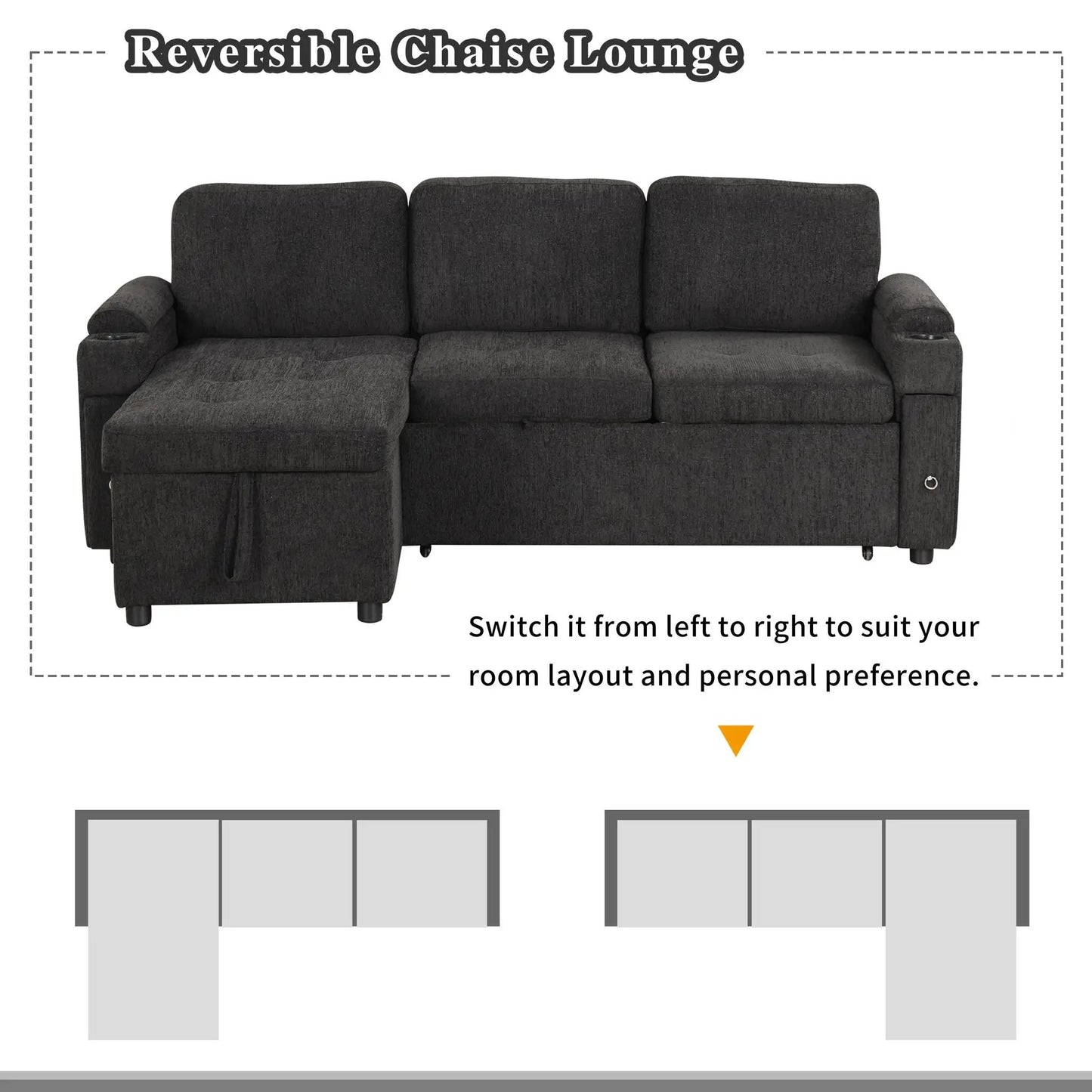 Convertible L Shaped Sofa Couch with Storage, Cup Holders, USB Ports in dark gray fabric on Tampa Home & Garden Store