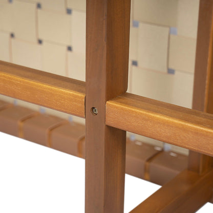 Acacia wood bedroom bench with warm teak finish and woven PU leather seat on Tampa Home & Garden Store