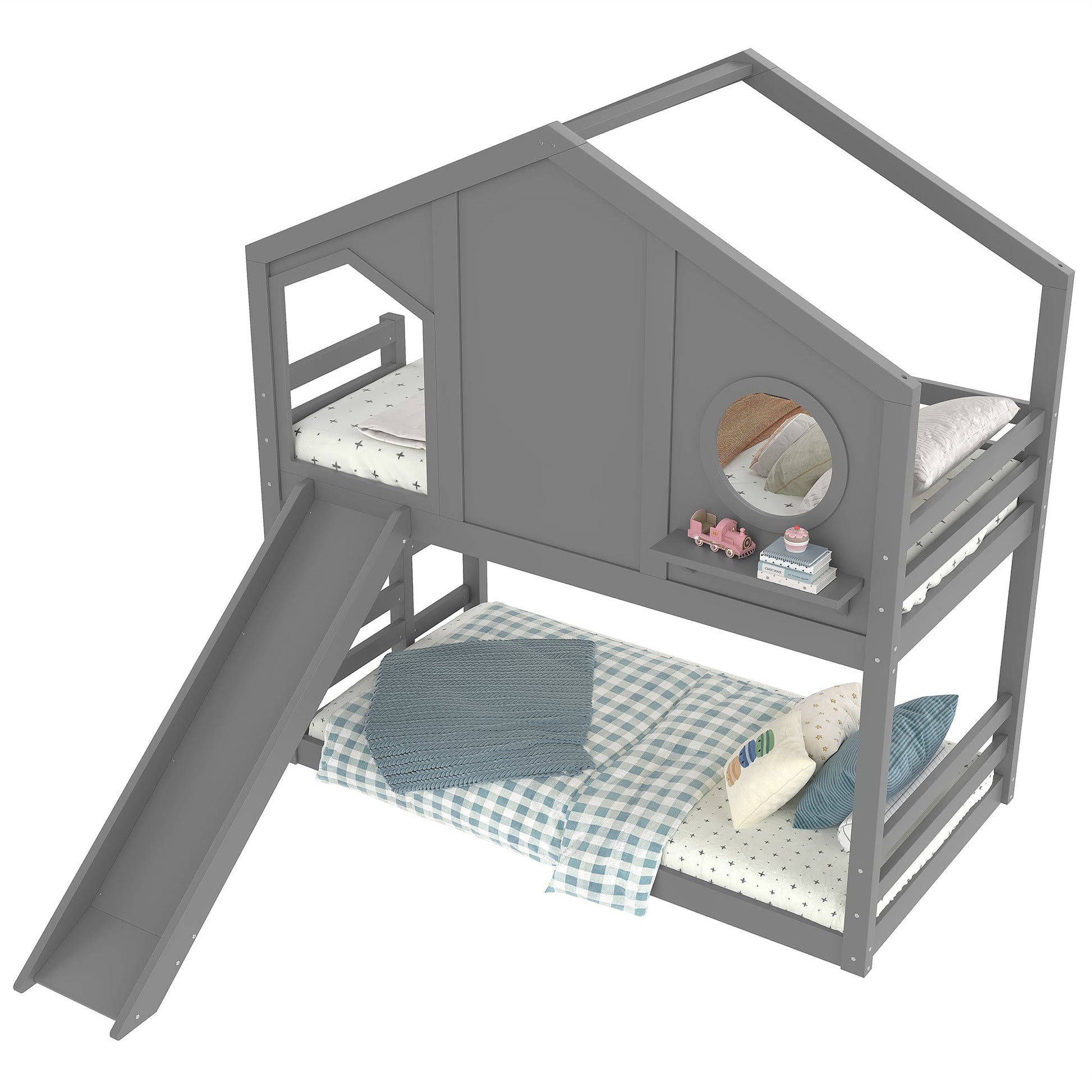 Twin House Bunk Bed in gray wood with slide, built-in storage shelves, and two sleeping areas on Tampa Home & Garden Store