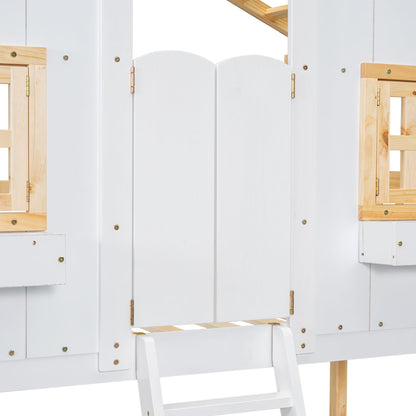 HouseOfZazla white bunk bed with roof, window and door panels, wooden ladder on Tampa Home & Garden Store
