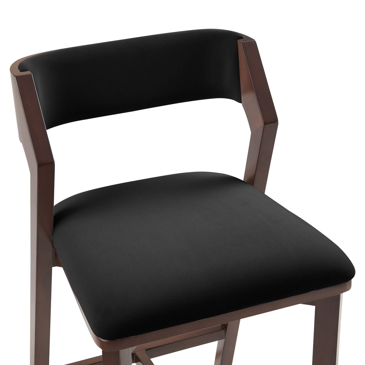 Patricia Counter Stool with black faux leather seat and brown wooden legs, counter 24-27 on Tampa Home & Garden Store