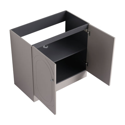 Freestanding bathroom vanity HouseOfZazla with soft close gray cabinet interior shelves visible on Tampa Home & Garden Store