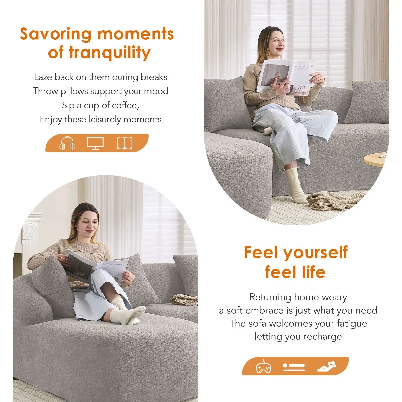 Combined Sofa With 4 Pillows, light gray stationary sectional in a bright living room on Tampa Home & Garden Store