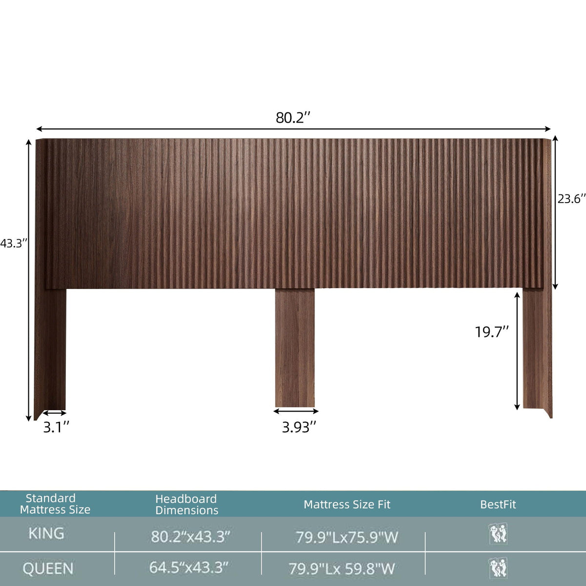Modern wide wall-mounted fluted panel headboard in dark brown wood with vertical grooves on Tampa Home & Garden Store