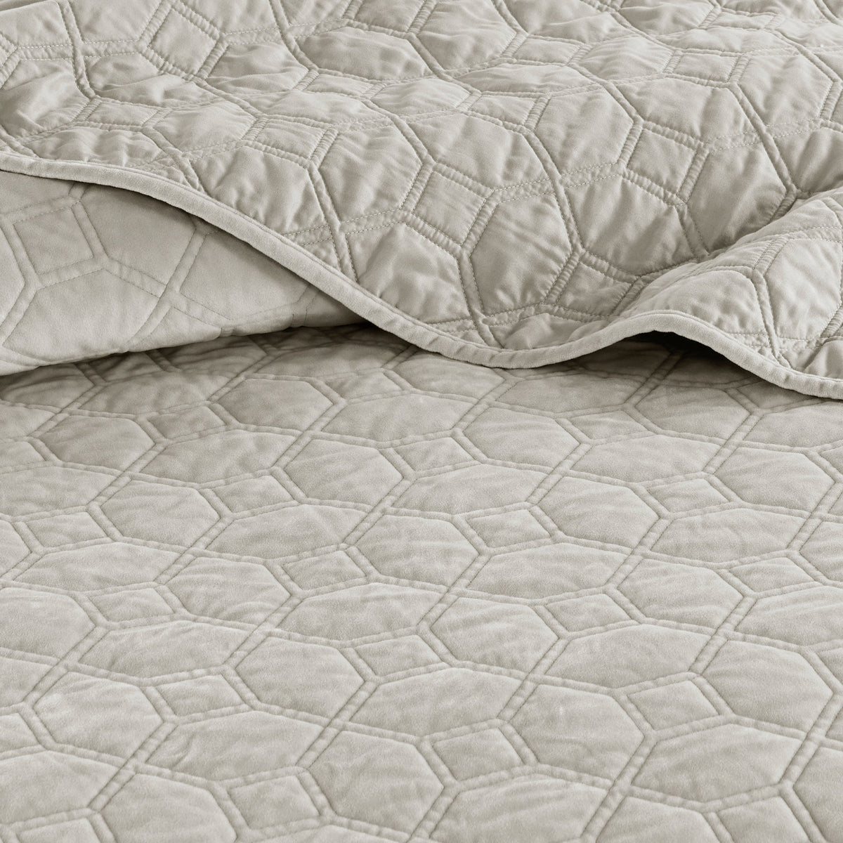Ivory velvet quilt set with antimicrobial finish, hex quilted pattern by HouseOfZazla on Tampa Home & Garden Store