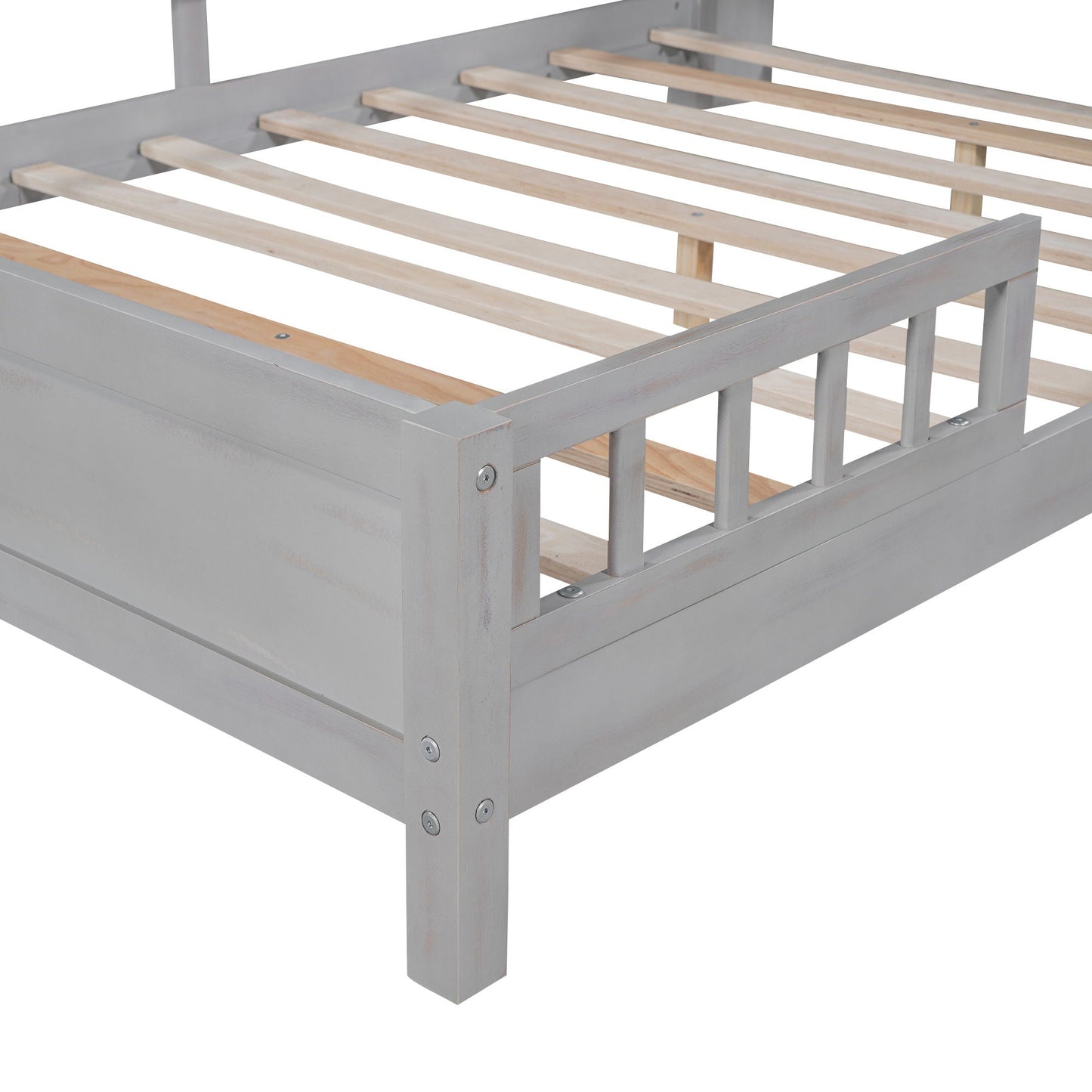 Wood platform bed by HouseOfZazla in grey finish with guardrail and natural wood slats on Tampa Home & Garden Store