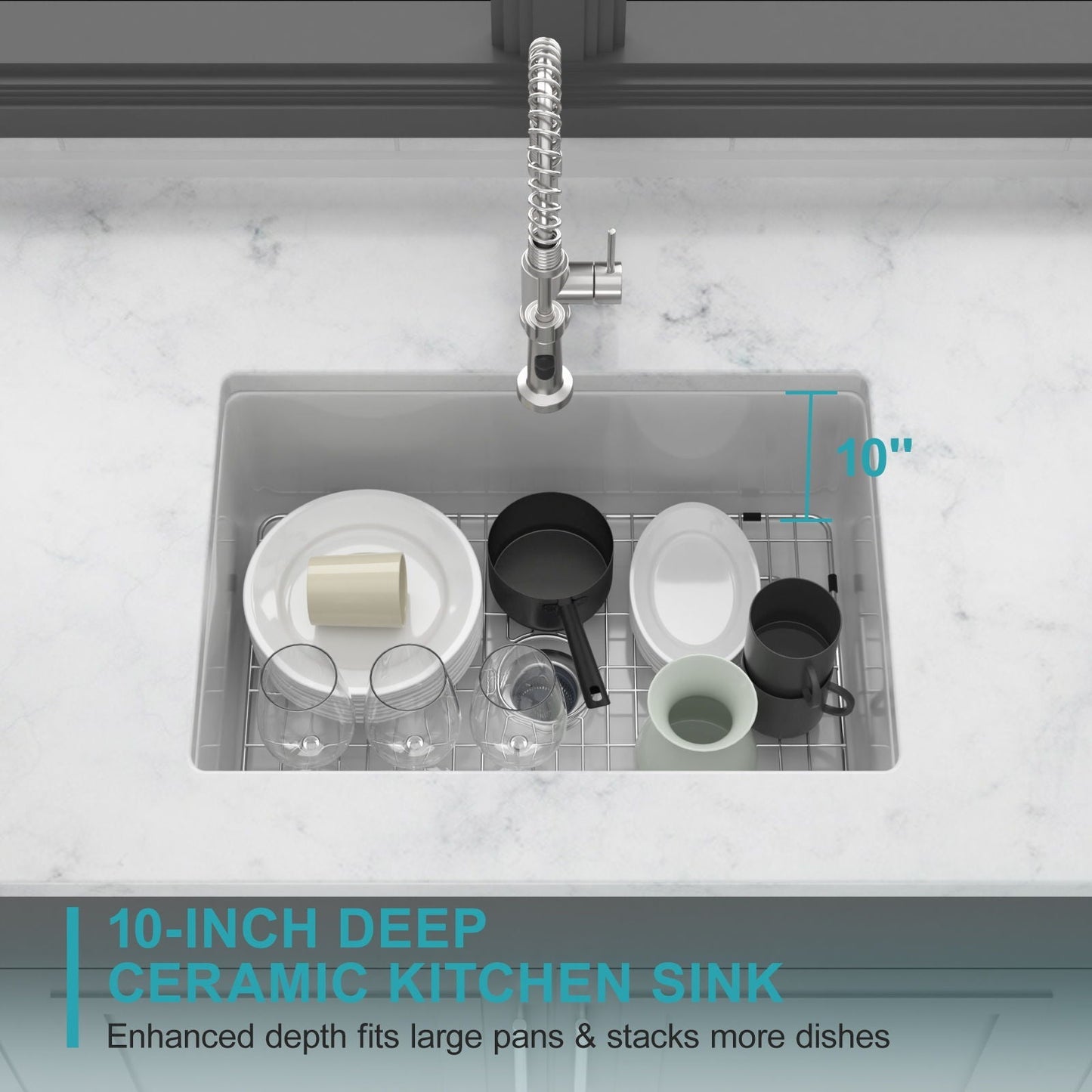 Rectangular deep single bowl ceramic sink with dual-mount install, chrome faucet, HouseOfZazla on Tampa Home & Garden Store