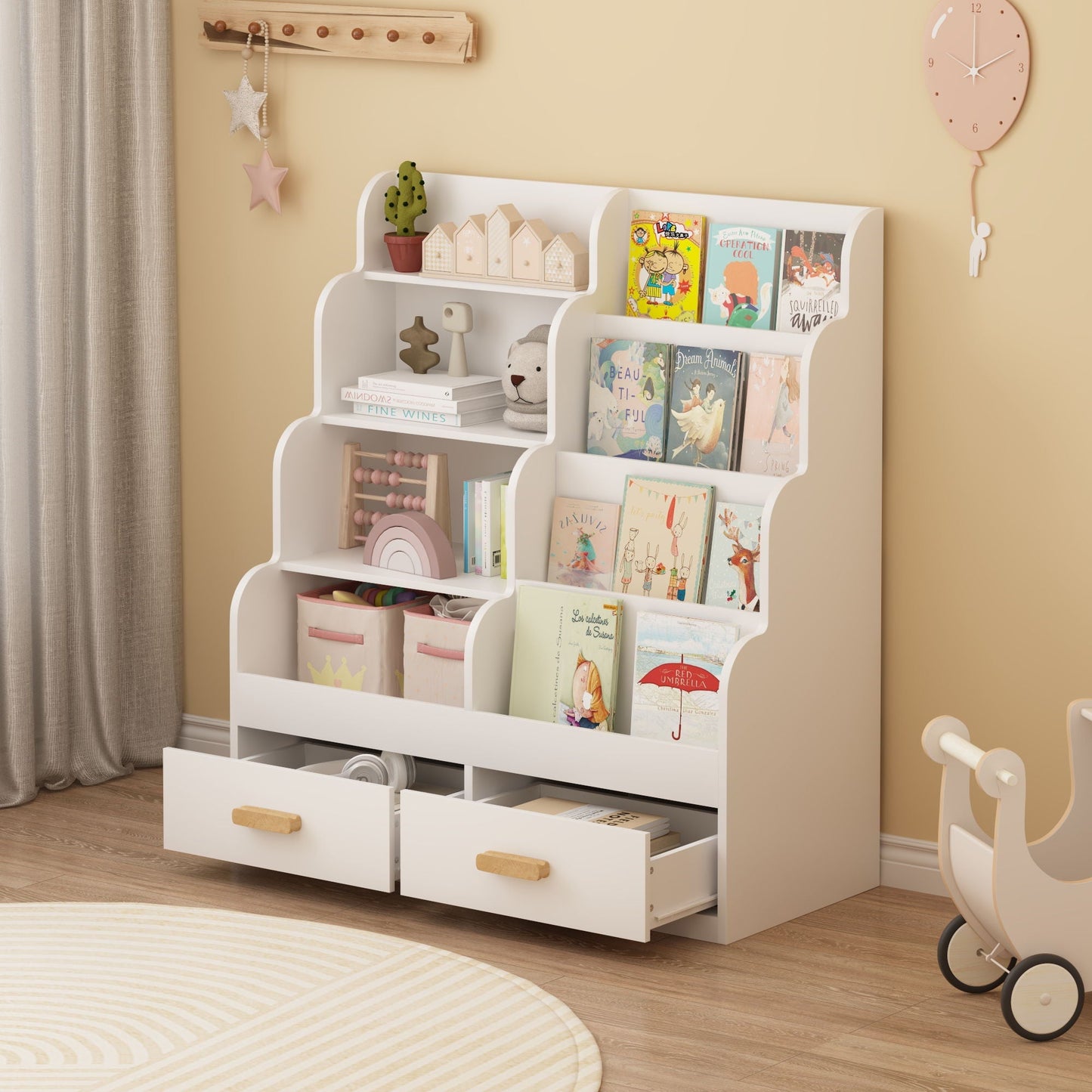 White HouseOfZazla bookshelf with 2 storage drawers and toy organizer for kids books on Tampa Home & Garden Store