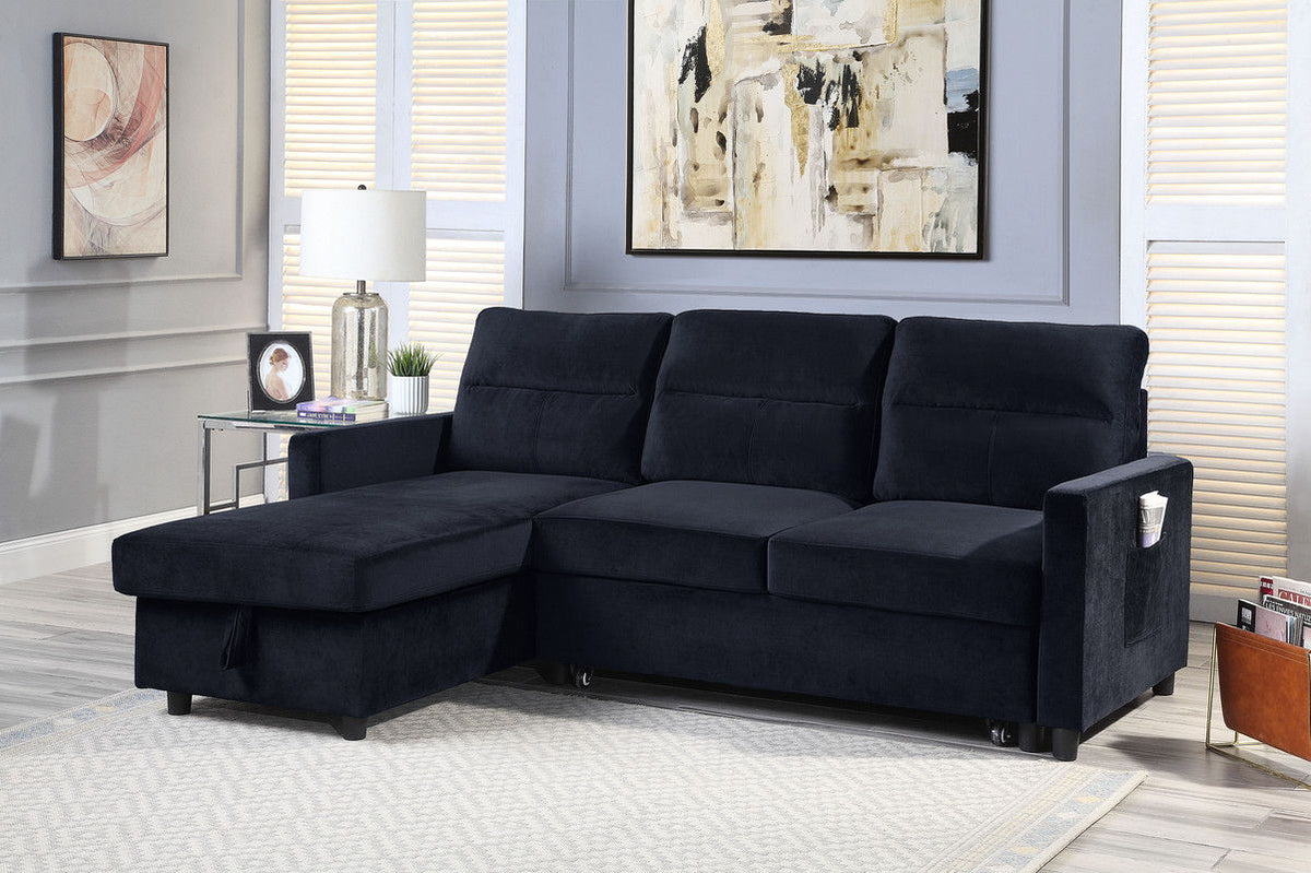 Ivy reversible sleeper sectional sofa with storage chaise and side pocket, navy fabric on Tampa Home & Garden Store