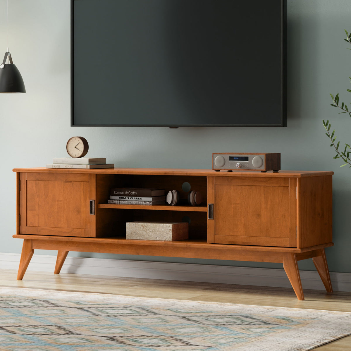 HouseOfZazla handcrafted mid-century TV stand and storage in warm walnut wood with open shelves on Tampa Home & Garden Store
