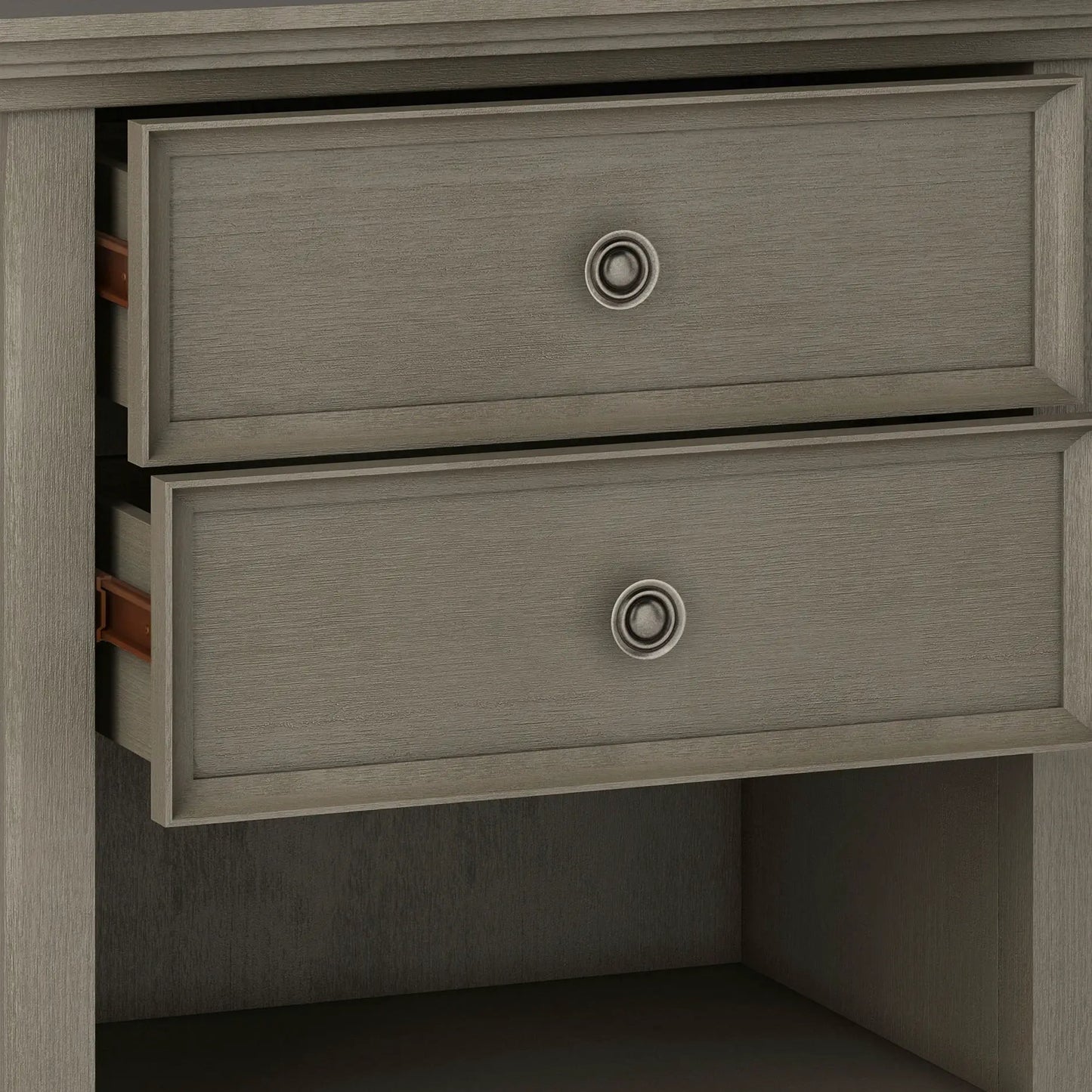 Amherst bedside table handcrafted in gray wood with framed drawer front and round metal knob on Tampa Home & Garden Store