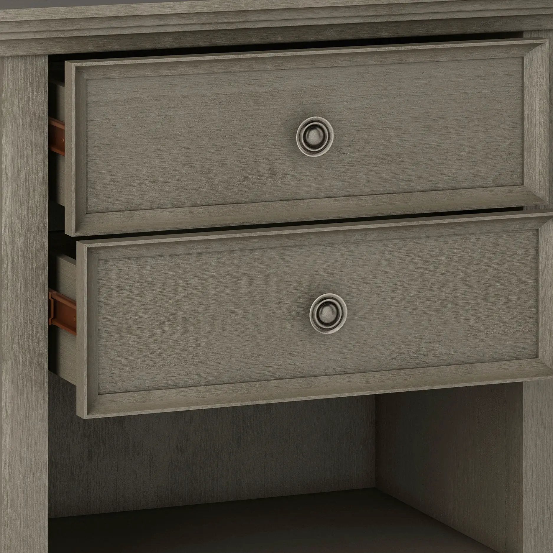 Amherst bedside table handcrafted in gray wood with framed drawer front and round metal knob on Tampa Home & Garden Store