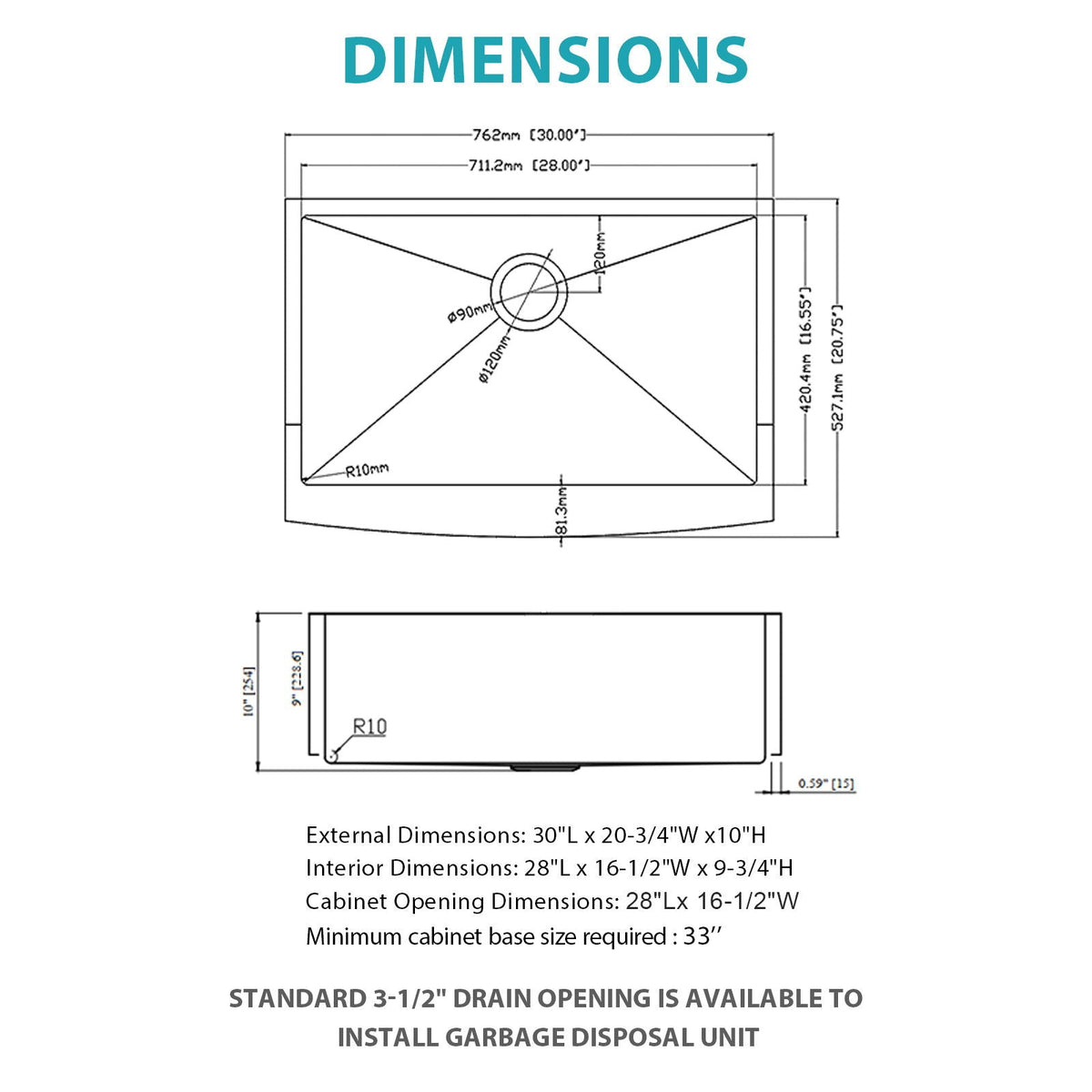 HouseOfZazla farmhouse apron-front undermount sink; external 30x20-3/4x10 in, internal 28x16-1/2x9-3/4 in on Tampa Home & Garden Store