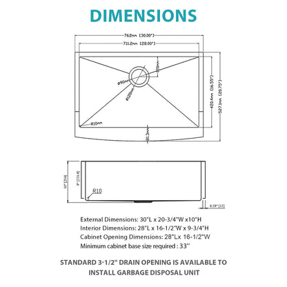 HouseOfZazla farmhouse apron-front undermount sink; external 30x20-3/4x10 in, internal 28x16-1/2x9-3/4 in on Tampa Home & Garden Store
